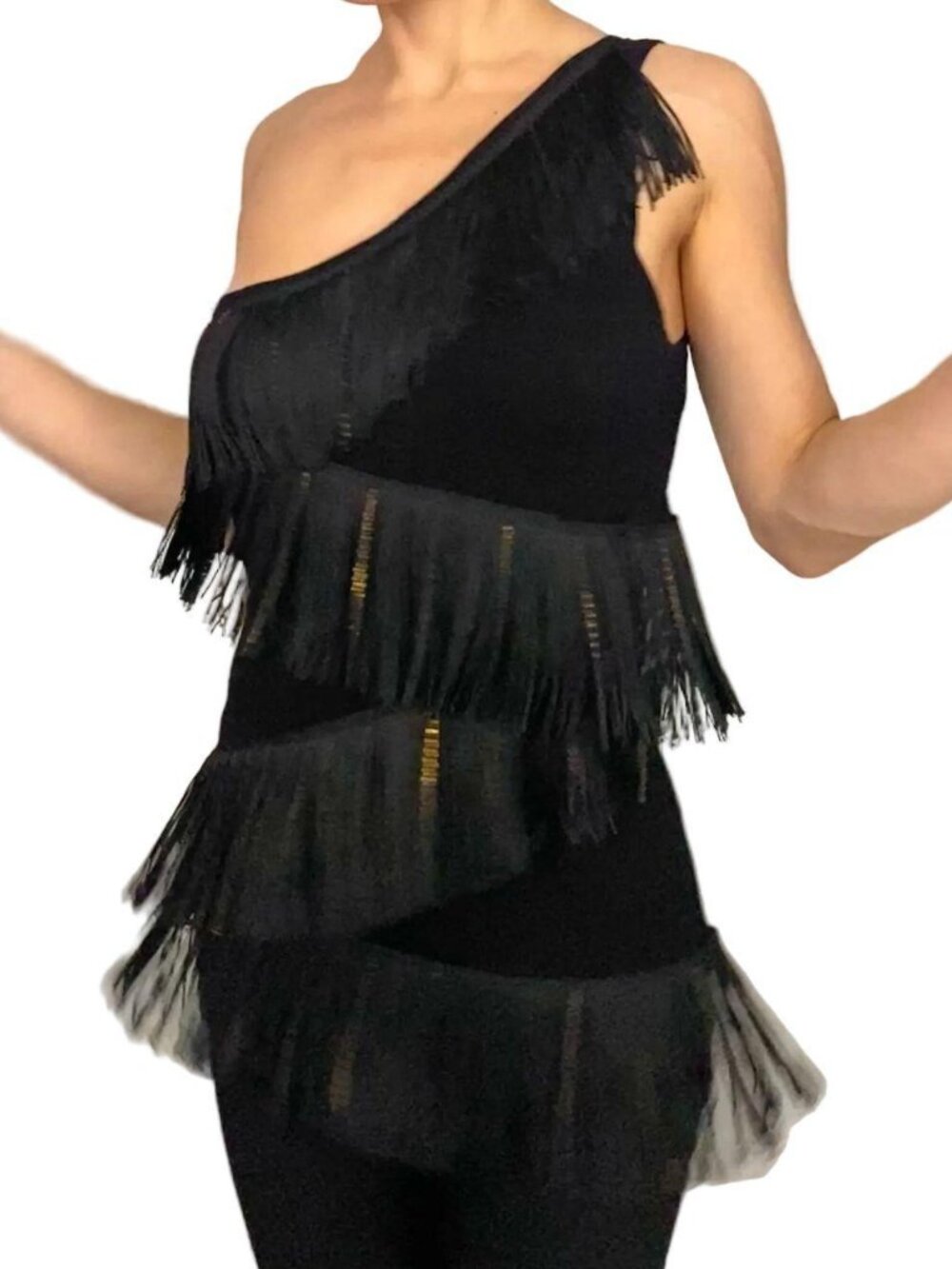 Vintage 2000s cache black one shoulder knit top with fringe and chains
